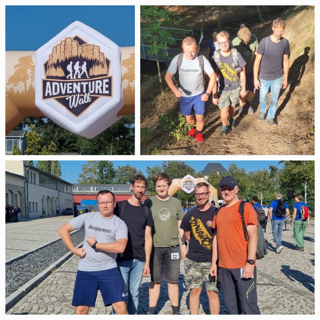 5 Teilnehmer des Adventure Walkes im September 2023 vor dem Start und auf der Strecke durch die Dresdner Heide.